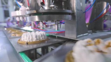 Otomatik dondurma üretimi. Dondurmalı pasta yapmak için otomatik taşıyıcı. Dondurma tüplerden çıkarıldı..