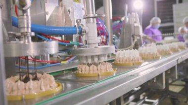 Otomatik dondurma üretimi. Dondurmalı pasta yapmak için otomatik taşıyıcı. Dondurma tüplerden güzelce çıkarılmış..