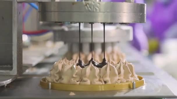 コンベアラインでケーキ ケーキの生産 近代的な工場でケーキの生産 ケーキの自動作成のプロセス — ストック動画