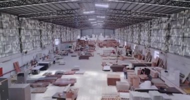Modern warehouse concept. Large warehouse of a modern factory. Visualization of a modern warehouse. Artificial intelligence in a factory warehouse.