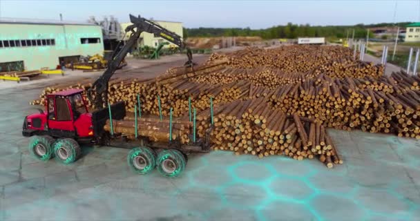 Auto Met Een Manipulator Arm Laadt Logs Moderne Apparatuur Houtfabriek — Stockvideo