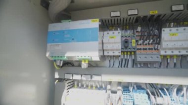 Distribution board of diesel generator. Electrical panel of an industrial generator. Distribution board of the generator inside.