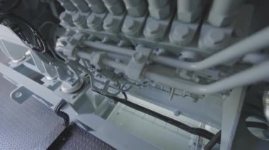 Detailed shot of diesel generator engine. Diesel electric generator engine close-up. Industrial diesel power generator close-up.