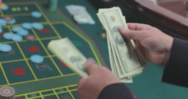 Hráč Počítá Dolary Hráč Kasinu Počítá Peníze Počítám Výhru Kasinu — Stock video