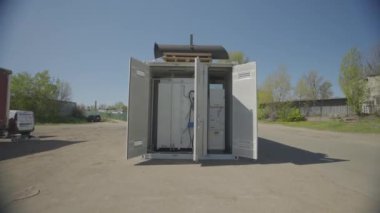 Diesel industrial power generator generator. Exterior of a large industrial generator. Mobile diesel generator.