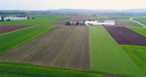 緑の農地を飛び越える 美しい農業分野を飛行します 農地と温室の空中風景 — ストック動画
