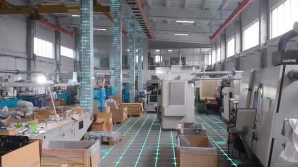Verkstad Modern Fabrik Flyg Genom Verkstaden Modern Fabrik Visualisering Artificiell — Stockvideo