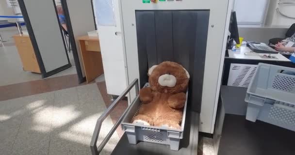 Aeroporto Scan Bagagem Despachada Máquina Triagem Bagagem Raios Teddy Bear — Vídeo de Stock
