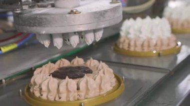 Otomatik dondurma üretimi. Dondurmalı pasta yapmak için otomatik taşıyıcı. Dondurma tüplerden çıkarıldı..