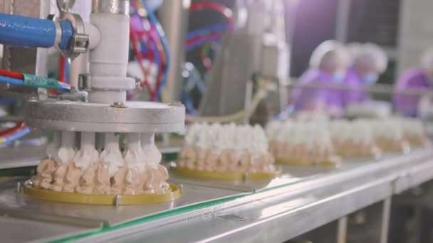 Automatikus Fagylaltgyártás Automatikus Szállítószalag Jégkrémtorta Készítéséhez Csövekből Kipréselt Jégkrém — Stock videók
