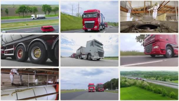 流动货物的运输 用罐体运输货物 液体多屏输送 后勤多屏 — 图库视频影像
