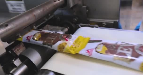 Balení Zmrzliny Celofánu Proces Balení Zmrzliny Automatický Dopravník Potravinářské Továrně — Stock video