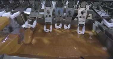 Ice cream is dipped in chocolate. Ice cream factory. Ice cream in chocolate glaze.
