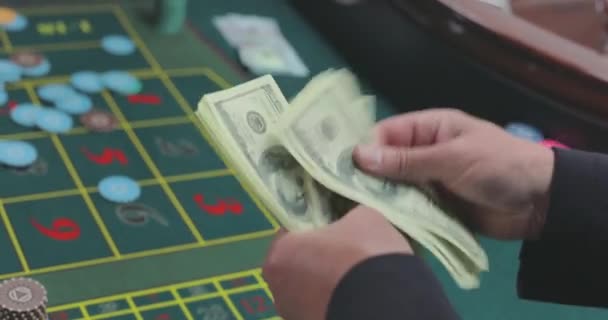 Игрок Считает Доллары Игрок Казино Считает Деньги Считаю Выигрыш Казино — стоковое видео
