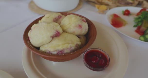 Vareniki Cherries Beautiful Table Ukrainian Dish Ukrainian Folk Cuisine Ukrainian — Stock Video