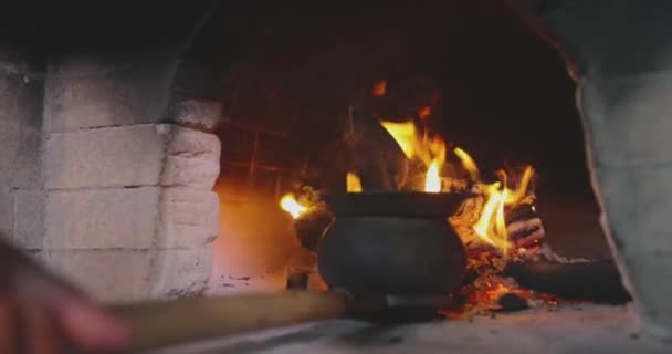 Cauldron Wood Burning Oven Cast Iron Boiler Wood Burning Stove — Stock Video