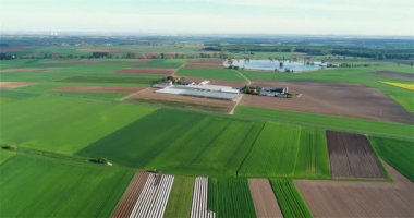 Yeşil tarla üzerinde uçuş. Güzel tarlalar üzerinde uçmak. Tarım arazileri ve seralar hava manzarası.