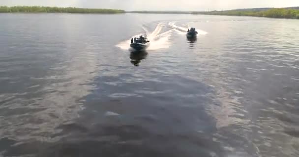 Patrol Boats Sail River Seen Drone High Speed Patrol Boat — Stock Video