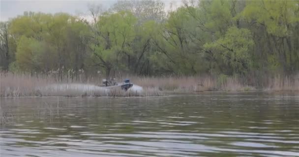 Річці Пливе Моторний Човен Патрульний Човен Пливе Вздовж Річки Військовий — стокове відео