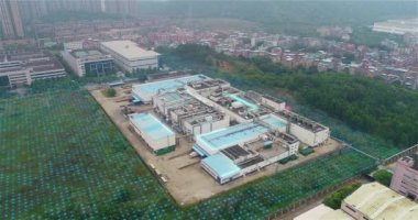 Visualization of a smart factory as seen from a drone. Smart factory concept. Visualization of smart industry. Concept of a smart factory.