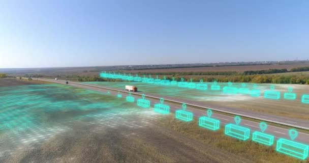 货物交付的可视化 智能递送的概念 货物可视化的交付 装货物的箱子飞行的路线 — 图库视频影像