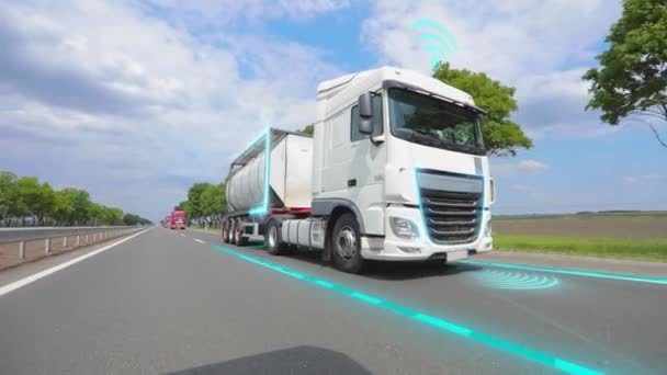 Dostawa Towaru Inteligentną Ciężarówką Inteligentna Ciężarówka Dostarcza Towar Inteligentny Samojezdny — Wideo stockowe