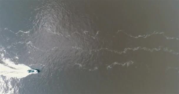 パトロールボートは 無人機から見たように川に沿って航行します 高速パトロールボート ボートは水の周りをパトロールします — ストック動画
