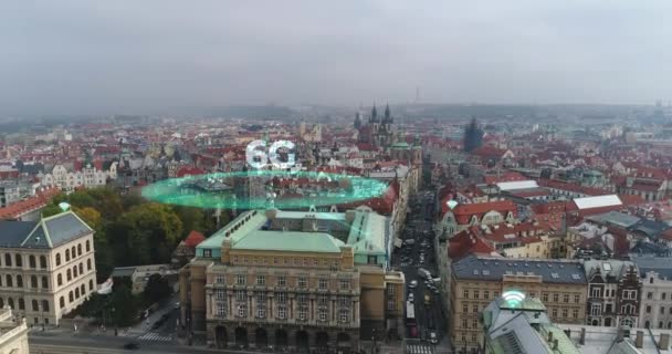 Visualisierung Der Übertragung Einer Internetverbindung Der Prager Altstadt Telekommunikationsturm Auf — Stockvideo