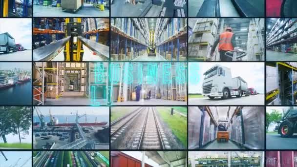Multipantalla Collage Almacén Moderno Infografía Logística Empresarial Transporte Mercancías Almacén — Vídeos de Stock