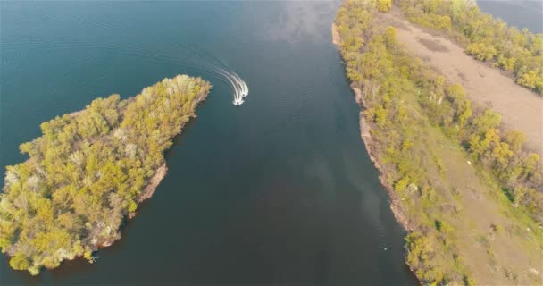 Patrullbåtar Seglar Längs Floden Sett Utifrån Drönare Höghastighetspatrullbåt Floden Båten — Stockvideo