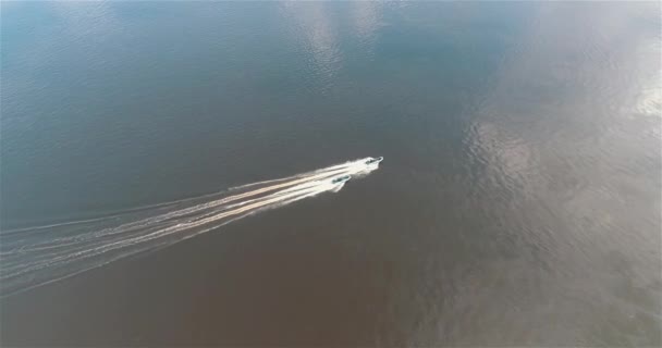巡逻艇沿着河边航行 就像从无人驾驶飞机上看到的那样 一条高速巡逻艇在河里 小船在水的周围巡逻 — 图库视频影像