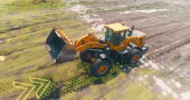 The grader works at the construction site. The concept of a smart grader. A smart construction site. Visualization of smart construction.