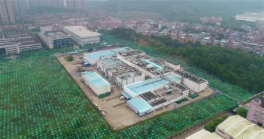 Visualization of a smart factory as seen from a drone. Smart factory concept. Visualization of smart industry. Concept of a smart factory.