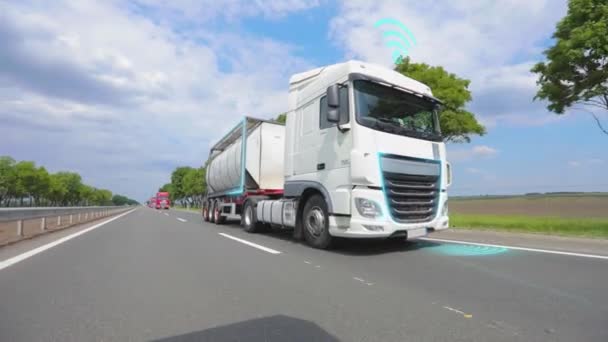 Dostawa Towaru Inteligentną Ciężarówką Inteligentna Ciężarówka Dostarcza Towar Inteligentny Samojezdny — Wideo stockowe