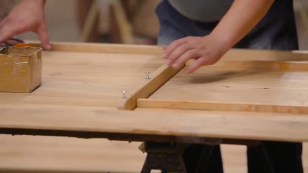 Manuelle Möbelmontage Die Männer Bauen Holzmöbel Zusammen — Stockvideo