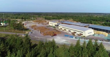 Bir marangoz şirketinin büyük bahçesi. Modern kereste fabrikası manzarası kavramı. Ahşap işçiliği şirketinin kütükleriyle dolu bir bahçe. Modern bir bıçkıhanenin avlusunda bir sürü kütük.