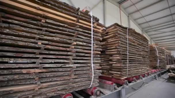 Warehouse Square Processed Wood Bars Many Pieces Wood Stacked Together — Vídeo de Stock