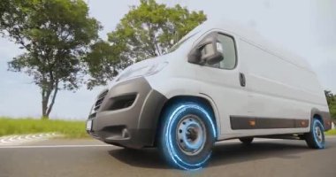 Hızlı teslimat. Akıllı lojistiği kullanarak hızlı teslimat. Beyaz otobüsle mal teslimatı. Teslimatta IOT olan beyaz minibüs..