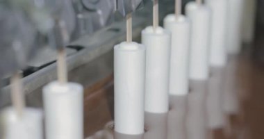 Ice cream is dipped in chocolate. Ice cream factory. Ice cream in chocolate glaze.