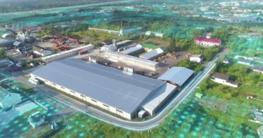 Visualization of a smart factory as seen from a drone. Smart factory concept. Visualization of smart industry. Concept of a smart factory.