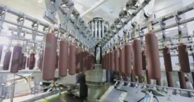 Ice cream in chocolate on the conveyor line. Production of ice cream on a stick. Automated conveyor line.