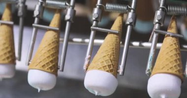 Freezing ice cream at the factory. Automatic production of ice cream. Ice cream production at the factory.