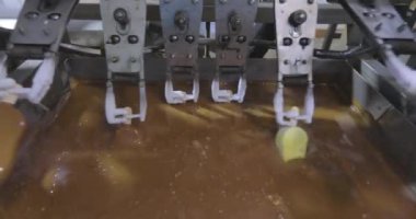 Automated conveyor line for the production of ice cream. Automated production of ice cream. Modern ice cream factory.