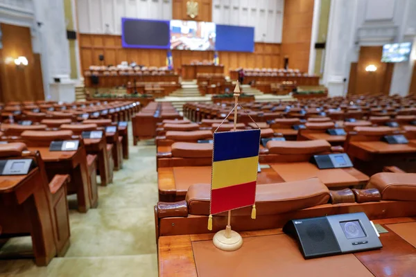 Bucharest Romania November 2022 Romanian Flag Empty Seats Romanian Chamber — Stock Photo, Image