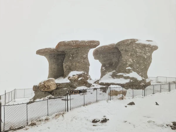 Romanya 'nın Bucegi Dağları' ndaki Bucegi Doğal Parkı 'ndaki doğal bir kaya oluşumu olan Babele (Yaşlı Kadınlar) taş grubu, bir kış günü kar fırtınası sırasında.