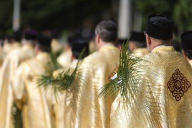 Palmiye yaprakları tutan Romen Ortodoks rahipler, Pazar günü düzenlenen Palm Sunday geçit töreninde Bükreş sokaklarında yürüyorlar.