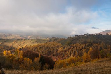 Romanya 'nın Piatra Craiului dağları yakınlarındaki Magura köyünün sonbahar manzarası.