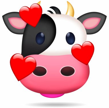 Nice emoji illustration for the internet, watshapp, facebook or other networks of a black and white cow with a funny expressive face on a white background