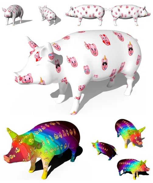 cute cartoon pig with a lot of different emotions, isolated on white background