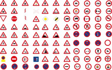 Üçgen ve yuvarlak trafik, uyarı, yasaklama ve tehlike işaretlerinin yanı sıra altıgen duraklama simgeleri. Durmak ya da park etmek yok, kalıcı Ford, dikkatli bir düzensizlik.